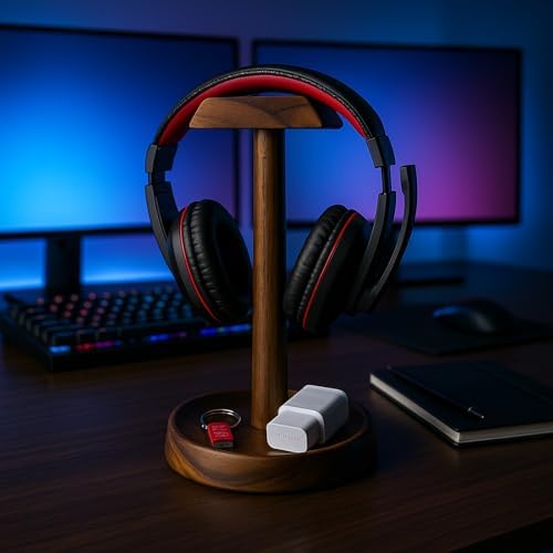 Headphone Stand, Solid Acacia Wood Headset Holder with Tray, Desk Organizer - Image 7
