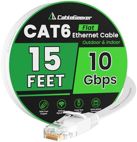 CableGeeker Cat 6 Flat Ethernet Cable 15ft, 10Gbps, White by CableGeeker