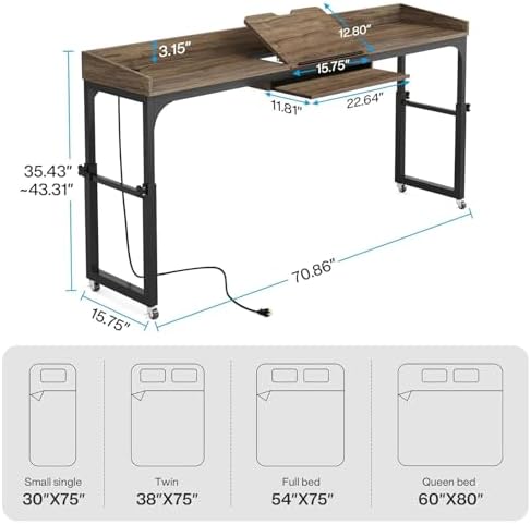 LITTLE TREE Overbed Table with Wheels Adjustable Height, Rolling Table with Outlets & USB Ports for Queen Bed, Giant Adjustable Over the Bed Desk with Tilt Stand, Grey - Image 3