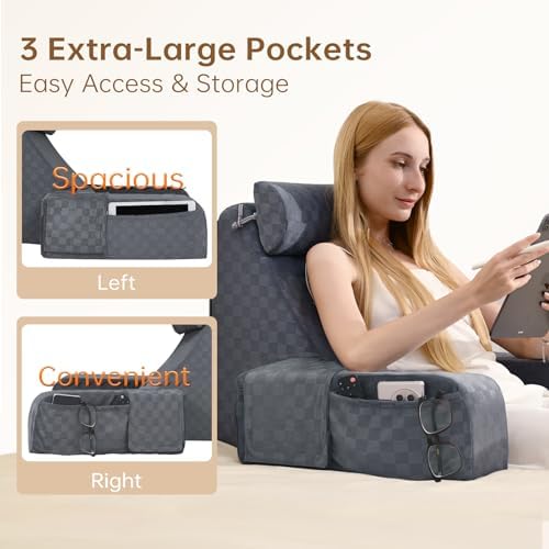 Vekkia 19'' Reading Pillow for Adults with XL Side Pockets, Adjustable Arms - Image 4