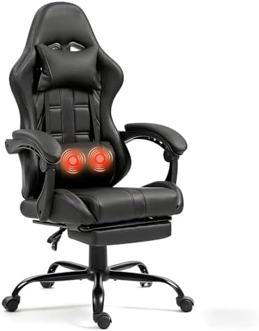 ECOTOUGE Massage Gaming Chair with Footrest & Lumbar Support, Black | Premium PU Leather; Ergonomic Massage Lumbar; 90-135° Recline; Height Adjustable; Retractable Footrest; 330Lbs Steel Frame by ECOTOUGE