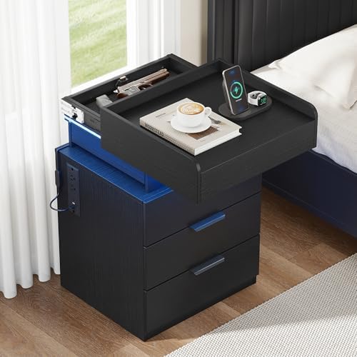 Turosur Night Stand with Gun Drawer, Charging Station & LED Light Modern - Image 2