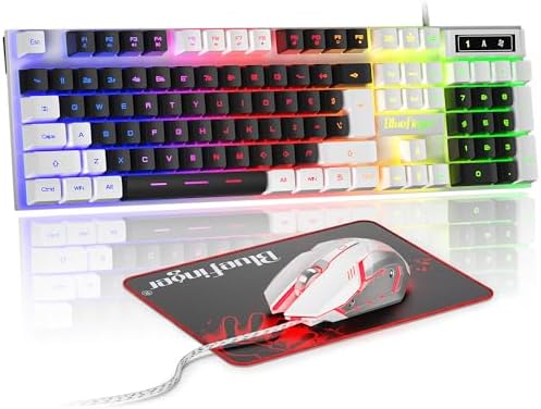 BlueFinger RGB Gaming Keyboard and Backlit Mouse Combo, USB Wired, LED Gaming Set for Laptop PC Computer Game and Work (White & Black) by BlueFinger