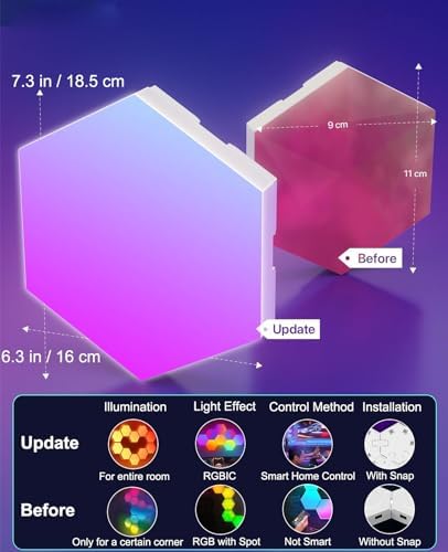 Large Hexagon LED Lights for Bedroom, Smart Home Gaming LED Wall Lights RGB-IC Gaming Room Decor Work with Alexa Google Assistant, Voice/App Control, Music Sync, DIY Modular Light Panels, 10 Pack - Image 3