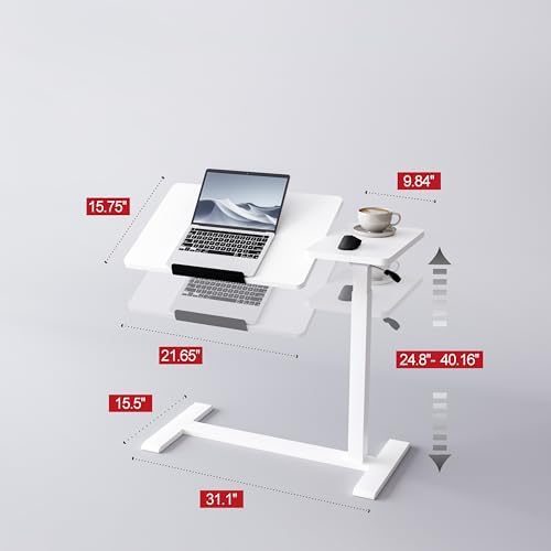 Adjustable Overbed Bedside Table with Wheels Pneumatic Mobile Standing Laptop Desk Rolling Computer Cart Movable Couch Desk Hospital Home Use, White - Image 5