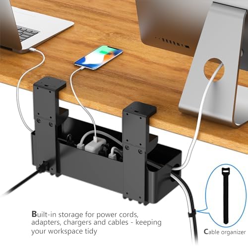 Under Desk Cable Management Tray with 6 AC Power Outlet and Clamp Mount, No Drill Cord Storage Organizers for Wire Management, Standing Desk, Computer Cord Rack for Office & Home (Black) - Image 7