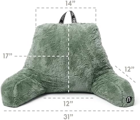 Nestl Fur Reading Pillow with Laptop Lap Desk, Stylish Back Pillow for Sitting Up, Lap Desk with Reading Pillows for Sitting in Bed Adult & Kids, Faux Fur Chair Pillow with Arms - Sage Green - Image 3