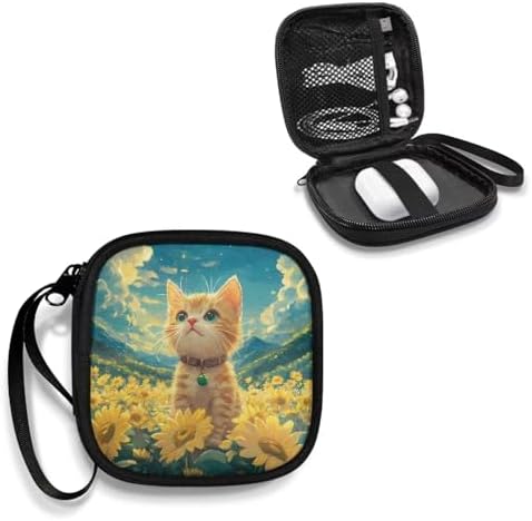 Cat Sunflower Earbuds Case Portable Earbuds Carrying Case, Portable Earphone Bags Phone Accessories Organizer with Handle for Earphone, in-Ear Headphones, Earbud - Image 2