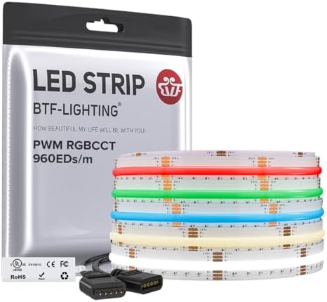 BTF-LIGHTING 16.4FT RGBCCT COB LED Strip Light, DC24V Color Changing by BTF-LIGHTING
