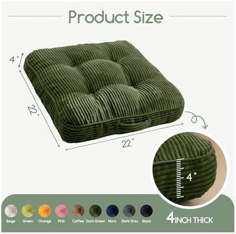 HIGOGOGO Floor Pillow Cushion for Adults, Meditation Cushion Pillow, Large Square Floor Sitting, Tufted Corduroy Cover, for Tatami Living Room or Yoga, Dark Green - Image 2