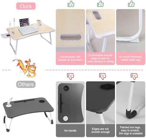 Laptop Bed Table, Laptop Desk for Bed, Foldable Laptop Bed Desk with USB Charge Port, Handle, Desktop Card Slot, Cup Slot, Side Drawer, Laptop Table Portable Notebook Stand for Eating Reading Working - Image 4