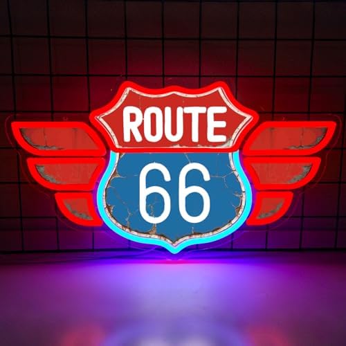 UV Printed Route 66 Neon Sign Vintage Route 66 Garage Wall Decor Dimmable Led Us High Way Sign for Man Cave Garage Neon Lights for Bedroom Party Club Gift by Gevbay