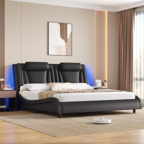 Keyluv King LED Upholstered Bed Frame with Adjustable Headboard, Black by KeyluvHome