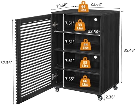 LEVNARY 5-Tier AV Media Cabinet with Grille Door, Modern Wooden Stereo Rack with Adjustable Shelves & Wheels, Audio Video Cabinet for Living Gaming Room Recording Studio (Black) - Image 2