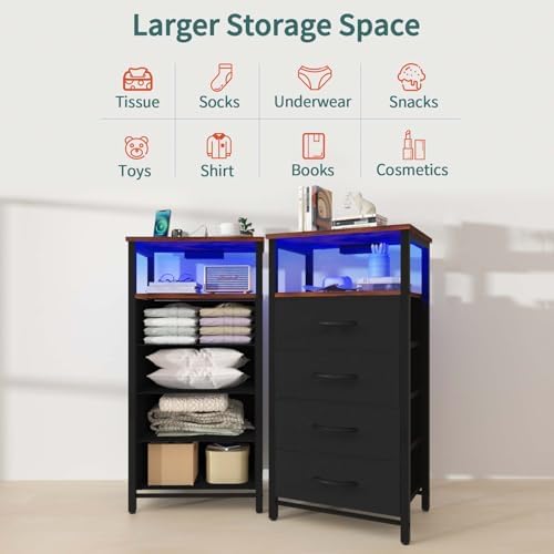 Yoobure Night Stand - LED Nightstand with Charging Station, Tall Nightstand for Bedroom, Bedside Table with 4 Fabric Storage Drawers and Storage Shelf, End Table with USB Ports and Outlets - Image 6