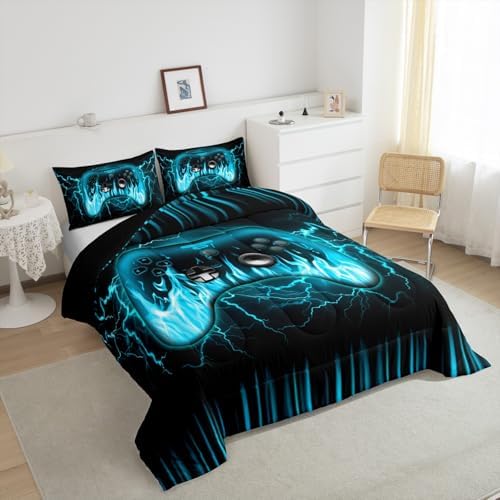 Feelyou Gamer Bedding Set Twin Size for Kids Boys,Gaming Comforter Set,Teens Boys Bedroom Room Decor,3D Geometric Video Game Contoller Comforter,Lightnings Fire Gaming Bed Set for All Season - Image 4