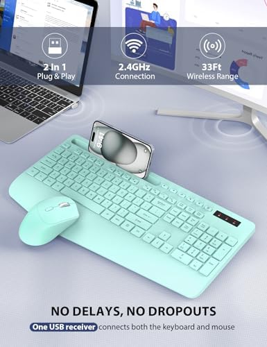 Wireless Keyboard and Mouse Combo - Full-Sized Ergonomic Keyboard with Wrist Rest, Phone Holder, Sleep Mode, Silent 2.4GHz Cordless Keyboard Mouse Combo for Computer, Laptop, PC, Mac, Windows (Green) - Image 4