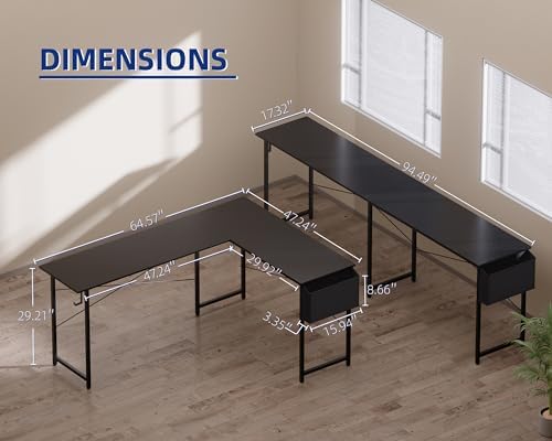 Pamray 64.5 Inch Reversible L Shaped Gaming Desk Large Corner Computer Desk with Storage Bag Home Office Table for Writing Study Black - Image 3