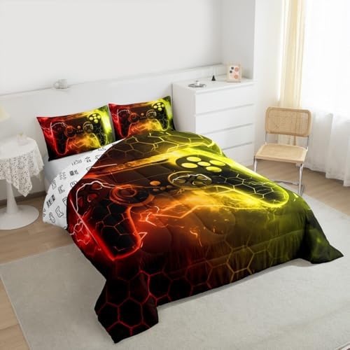 Feelyou Kids Boys Red Yellow Gamer Comforter Twin Size, Honeycomb Gaming Comforter Set for Lightning Gamer Bedding Set Game Duvet Set Bed Set Room Decor Quilt Set Bedding Collection - Image 2