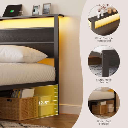 Black Twin Bed Frame with LED Lights and USB Charging Station, Modern Metal Platform Bed with Storage Headboard and Under-Bed Space, Noise Free, Sturdy Frame, No Box Spring Needed, Easy Assembly - Image 5