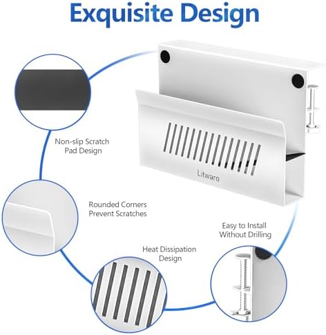 Litwaro Desk Side Storage Organizer, Under Desk Laptop Holder No Drill, Laptop Mount with Magnetic Pen Holder, Hanging Desk Organizer Fits Flat Edge Desks 0.4" to 2.1" (White) - Image 4