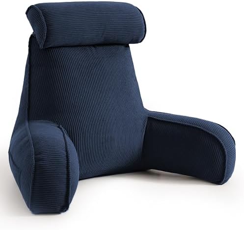 Bed Rest Reading Pillow with Arms & Detachable Headrest, Corduroy Backrest Cushion with Side Pockets & Washable Cover, Sit Up Pillow for Bed, Sofa Reading, Relaxing & Watching TV, Navy Blue by Ailuteie