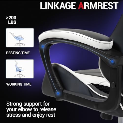 Gaming Chair PU Leather Massage PC Video Game Chair with Lumbar Support for Men Women, Home Office, Height Adjustable, Ergonomic, High Back, White - Image 5