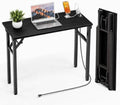 Folding Table Computer Desk - 35.8" No Assembly Folding Desk with Power Outlets & USB Charging Port, Small Desk, Foldable Office Desk, Compact Storage Portable Use for Small Space, Dark Oak by HMFOR