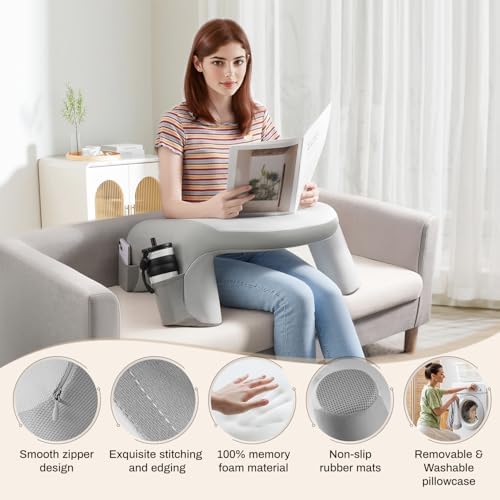 Reading Pillow for Bed, Lap Desk for Laptop, Memory Foam Arm Rest Support Gaming Pillow with Cup/Phone Pocket, Laptop Lap Desk for Working, Gaming, Reading on Couch Bed Floor- Grey - Image 3