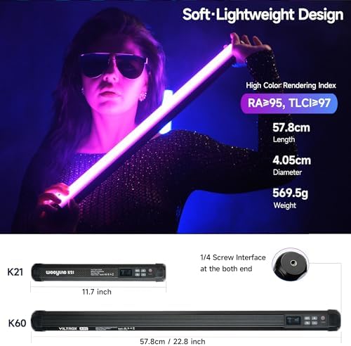 VILTROX K60 2 Pack Large Handheld Stick Light, 32Wh Rechargeable Battery 20W 1950lm RGB LED Video Light w PD Fast Charging CRI 97+ 2500K-8500K LCD Display, 22.8" Tube Light for Photography Light Wand - Image 4