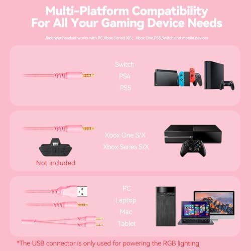 Jimonyer Gaming Headset with Microphone, 7.1 Surround Sound and Noise Canceling Over Ear Headphones for PC/PS4/PS5/Xbox Series/Switch, RGB Light and Soft Imitation Protein Earmuffs (PinkCat) - Image 6
