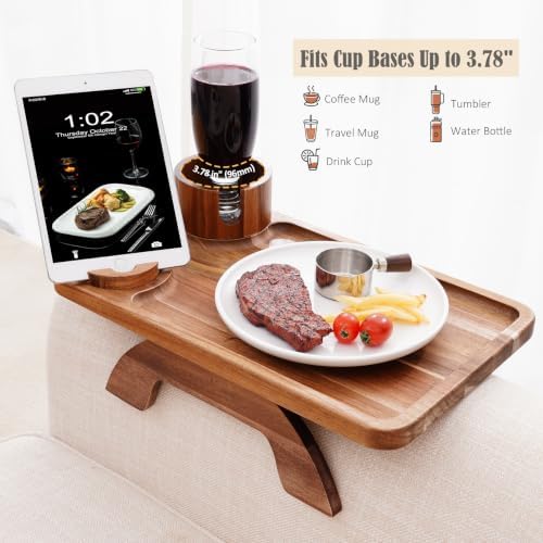 Nnewvante Couch Cup Holder Tray, 3 in 1 Large 15.36"x9.85" Acacia Wood Sofa Arm Clip on Tray Table with 360°Rotated Phone Holder on Armrest - Image 2