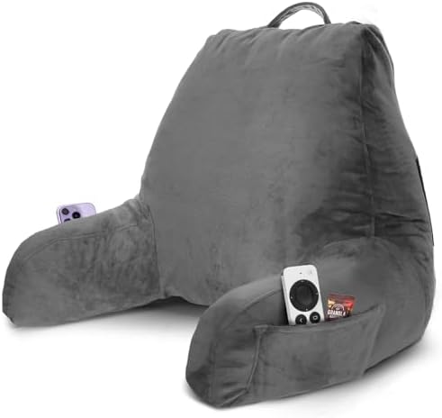 Nestl Reading Pillow for Bed, Back Pillow for Sitting Up in Bed, Dark Grey | 18” Backrest Pillow with Arms, Adjustable Support, Shredded Memory Foam Fill, OEKO-TEX, College Dorm Essentials for Adults by Nestl
