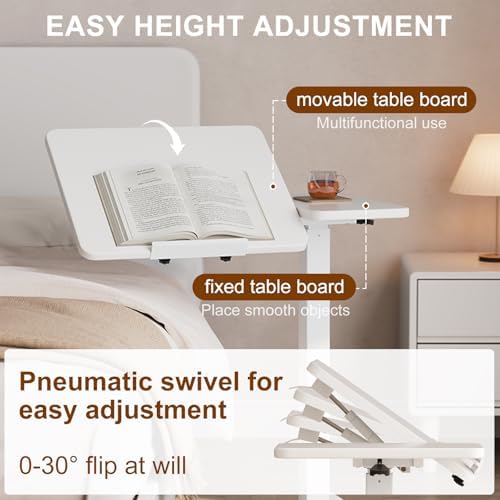 Solid Wood Overbed Bedside Table with Wheels, Tilting Adjustable Hospital Bed Table Over The Bed, Medical Mobile Laptop Stand, Rolling Standing Desk for Hospital and Home Use(White) - Image 5