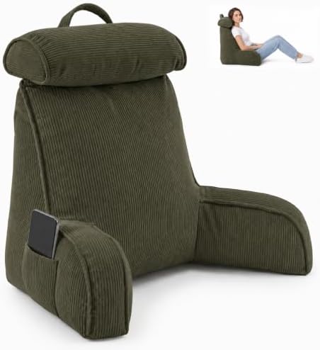 Reading Pillow for Bed with Detachable Neck Roll and Shredded Memory Foam, Back Pillow with Arms for Sitting Up, Washable Bed Rest Pillow with Side Pocket for Gaming, Sofa, Dorm - Green by Unknown