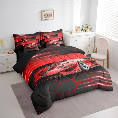 Feelyou Red Race Car Bedding Set 7 Piece Boys Girls Speed Sports Car King Comforter Set with Sheets for Kids Extreme Sports Bed in a Bag Lighting Honeycomb Theme Bed Set Room Decor - Image 2