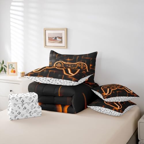 Feelyou Kids Gamer King Comforter Set with Sheets 7 Piece Orange and Black Bedding Set for Boys Teens Decor Gaming Ombre Bed in a Bag Geometric Square Bed Set - Image 5
