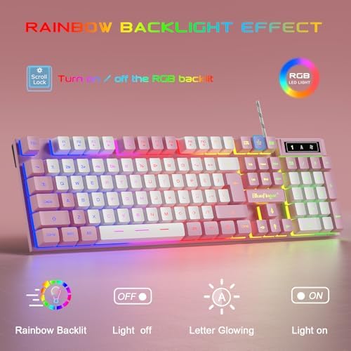 BlueFinger RGB Gaming Keyboard and Backlit Mouse and Headset Combo, USB Wired Backlit Keyboard, LED Gaming Mouse Set, Headset with Microphone for Laptop PC Computer Game and Work (Pink & White) - Image 2