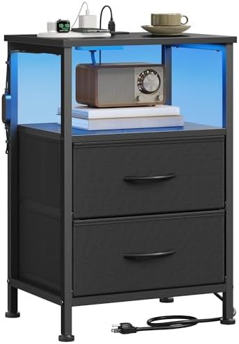 SONGMICS Nightstand with Charging Station, 2 Fabric Drawers by Unknown