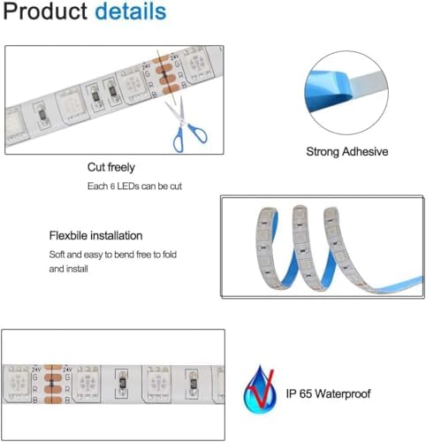 24V RGB LED Strip Lights, 16.4ft 5050 IP65 Waterproof 300 LEDs Color Changing String Light Strips for Bedroom, Kitchen Decoration - Image 3