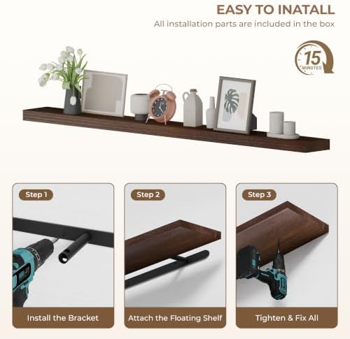 60 inch Long Walnut Floating Shelves Set of 1 | Solid Wood Large Wall Shelves with Invisible Brackets for Living Room, Bedroom, Bathroom, Kitchen, Laundry Room (Walnut, 60 Inch) - Image 7
