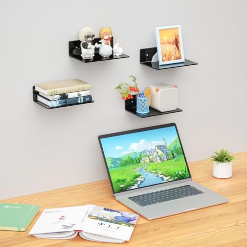9 Inch Black Wall Shelves 4 Pack, Acrylic Wall Mounting Ledges Display, Acrylic Display Wall Shelf for Funko Pop Figures, Collectibles, Plants, Décor, Toiletries, Spices Jars, 4 Pack - Image 2