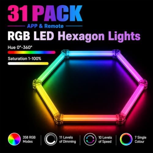 RGB Hexagon LED Garage Lights, 7 Hexagons 31 Tubes, App & Remote Control Color Changing Honeycomb Wall Ceiling Lights for Garage, Gaming Room, Gym, Car Detailing Shop - Image 4