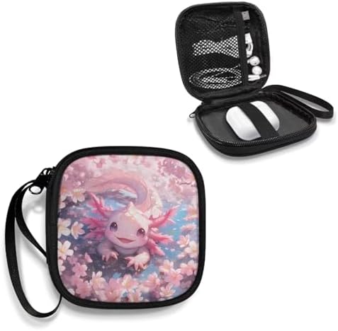 Pink Cherry Blossom Axolotl Portable Wireless Headphone Case, Earphone Storage Bag Carrying Case, Earbud Holder with Handle - Image 2