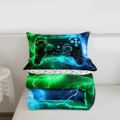 Feelyou Kids Boys Green Gamer Bedding Set Full Size, Honeycomb Gaming Comforter Set Lightning Gamepad Comforter Game Room Decor Duvet Set with 2 Pillow Case Room Quilt Set Bedding Collection - Image 3