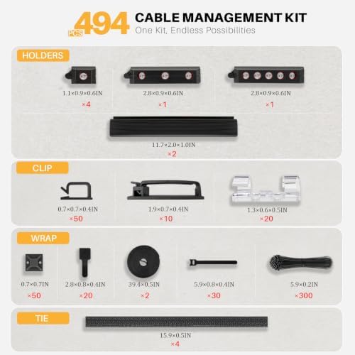 494 PCS Cable Management Kit - 4 Cable Sleeve Split, 2 Cable Organizer, 130 Adhesive Cable Clip, 6 Cable Holder, 2 Roll Cable Organizer Strap, 300 Cable Tie with 50 Mount, for Computer TV Under Desk - Image 2