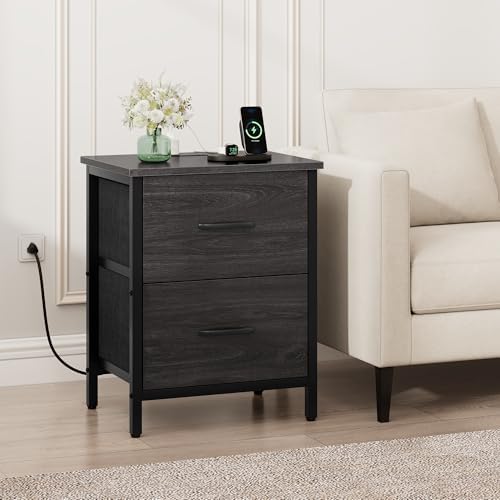 Vagusicc Nightstand with Charging Station, Bedside Table with USB Ports and Outlet, End Table Side Table with 2 Fabric Drawers for Bedroom, Living Room, Gray Walnut - Image 2