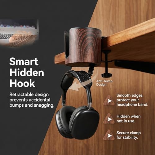 2-in-1 Desk Cup Holder with Headphone Hanger(Wooden Design) - Image 3