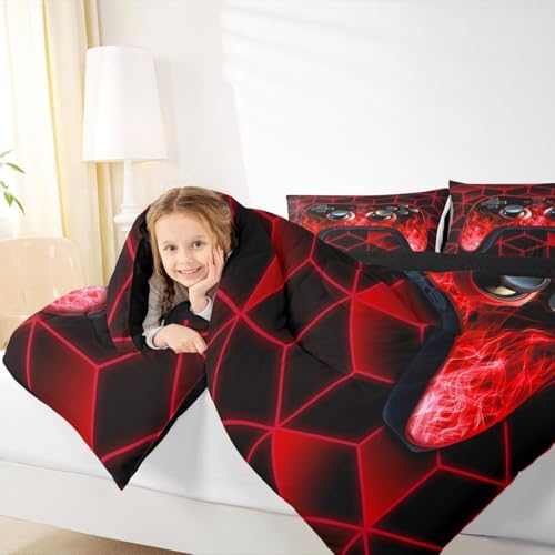 Red Neon Geometric 3D Geometric Comforter Set - Flame Gaming Console Gamer Decor for Boys Bedroom - Image 4