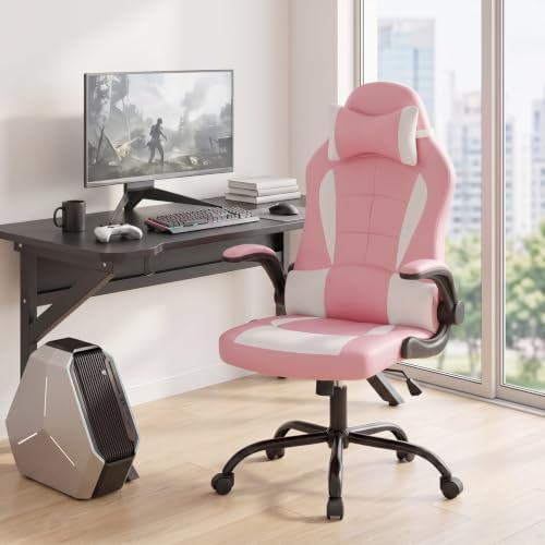 BestOffice Gaming Chair Office Chair Desk Chair with Lumbar Support Flip Up Arms Headrest Swivel Rolling Adjustable PU Leather Racing Computer Chair for Girls,Pink - Image 2